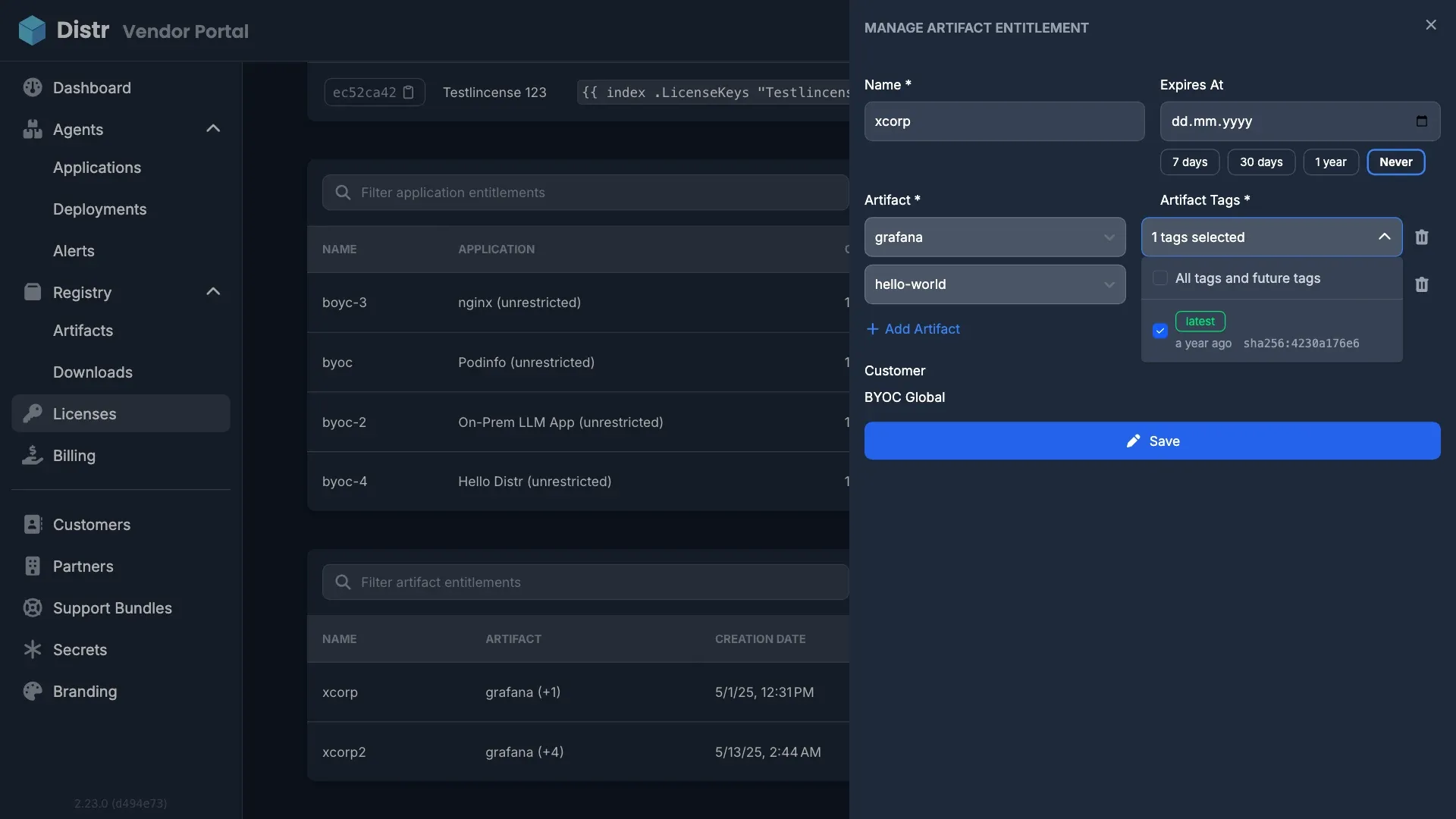 Distr Artifact Entitlements allow software vendors to restrict specific tags per customer