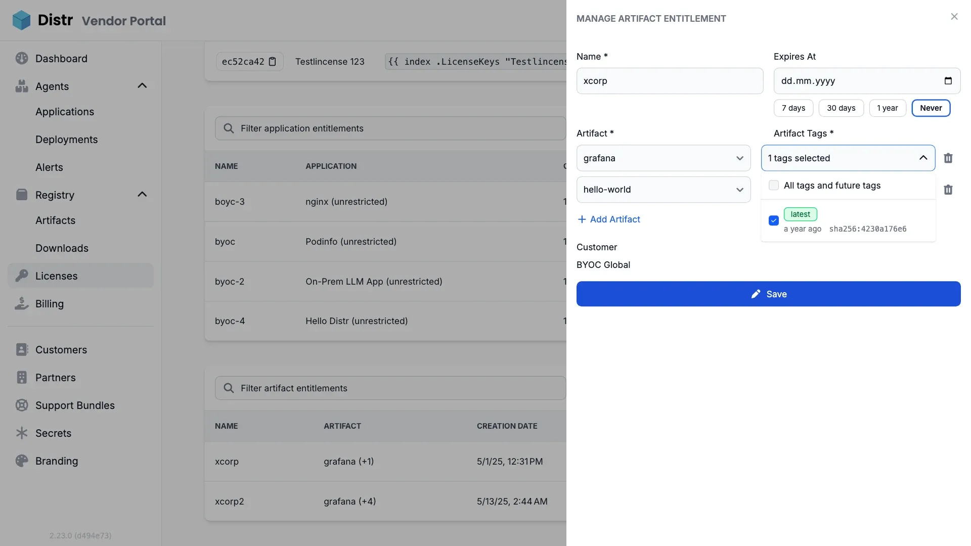 Distr Artifact Entitlements allow software vendors to restrict specific tags per customer