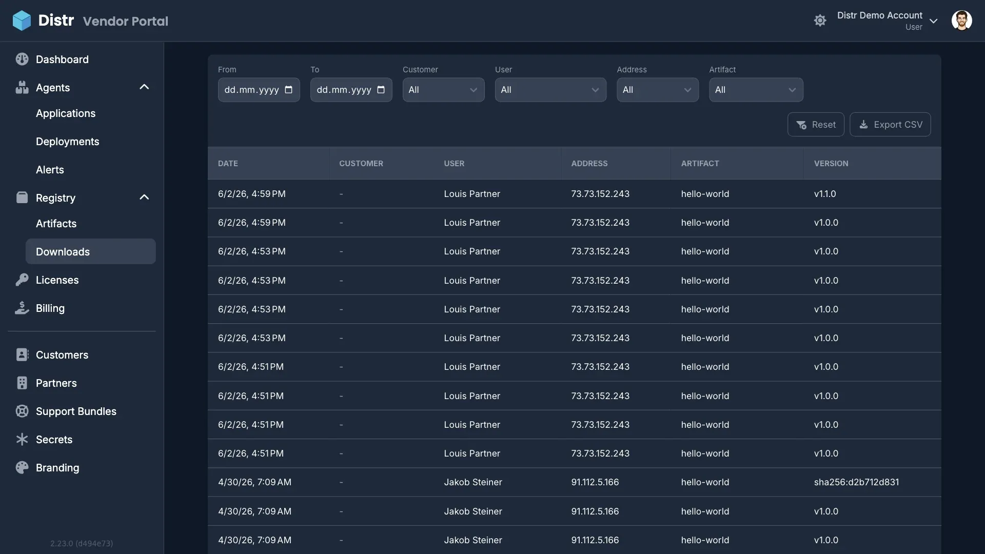 Distr registry download analytics for self-hosted artifact distribution