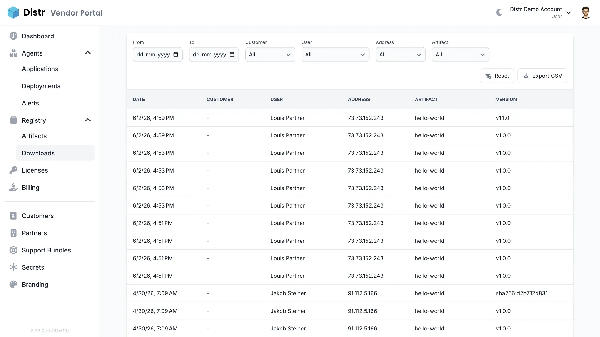 Distr registry download analytics for self-hosted artifact distribution