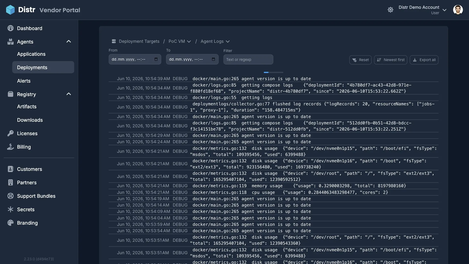 Distr log viewer for self-hosted customer deployments