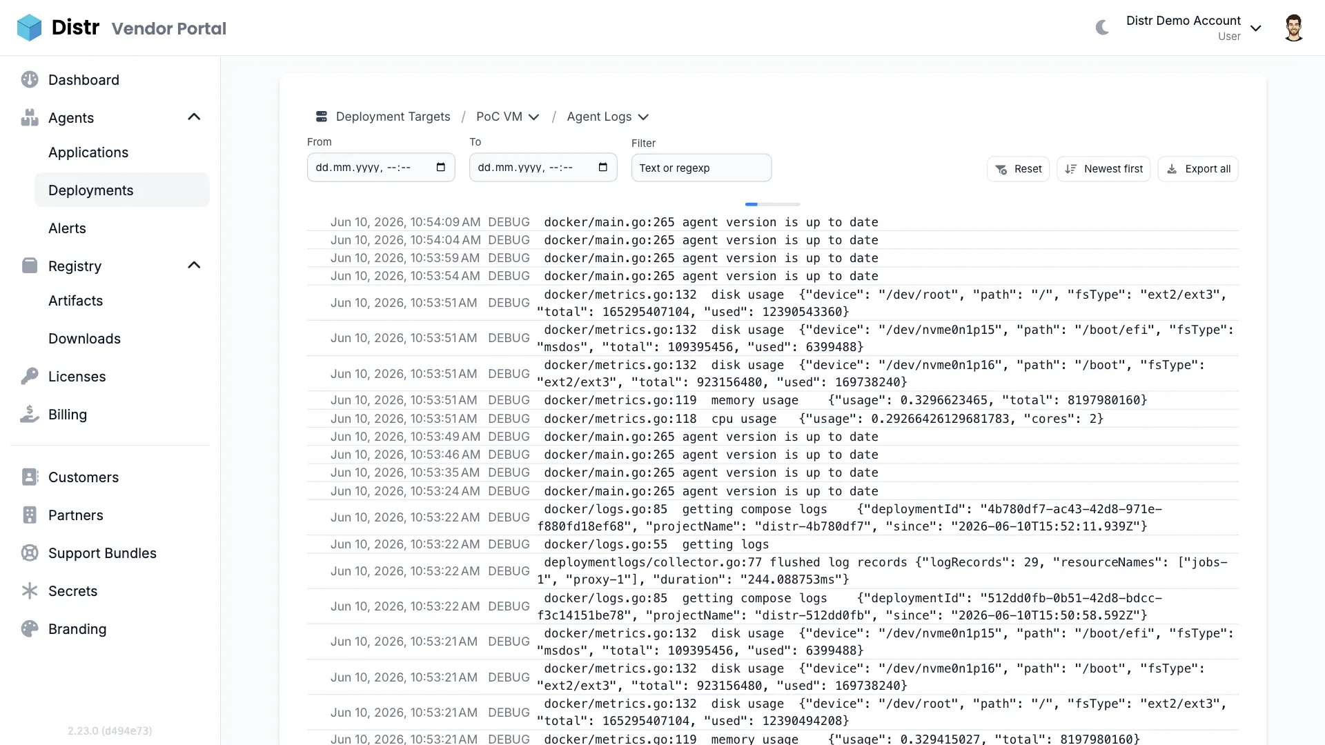 Distr log viewer for self-hosted customer deployments
